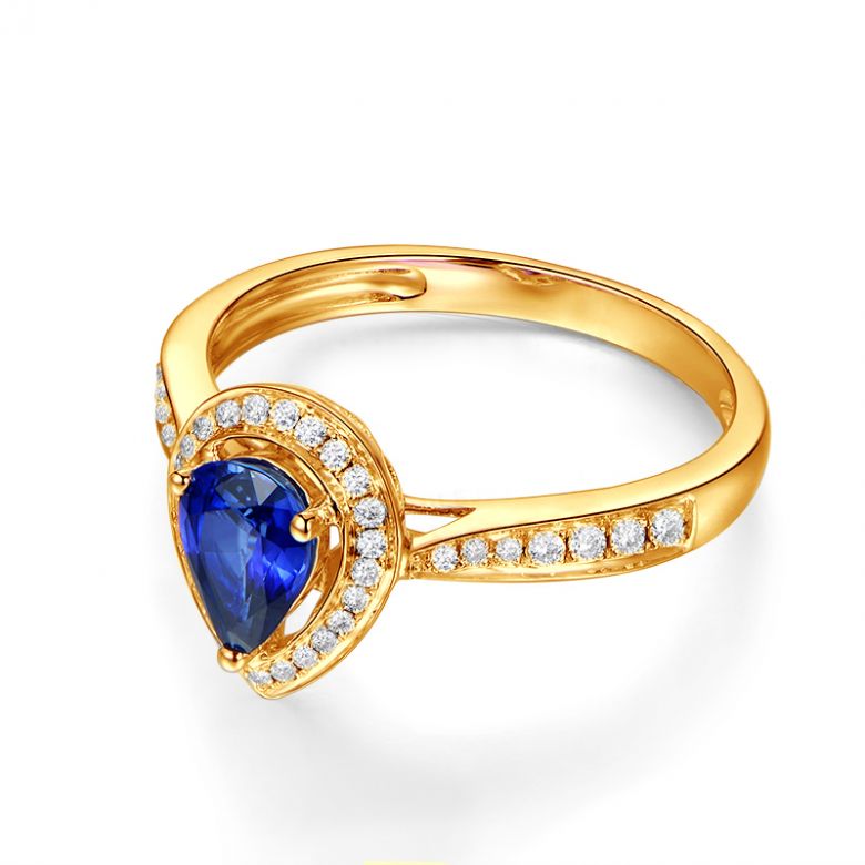 Anello Solitario Composto Jaffna - Oro Giallo, Diamanti & Zaffiro Pera - 8