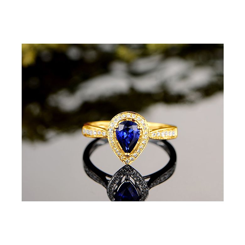 Anello Solitario Composto Jaffna - Oro Giallo, Diamanti & Zaffiro Pera - 3