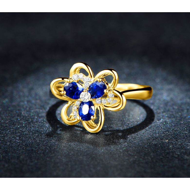 Anello da Donna Anemone - Oro Giallo, Diamanti & Zaffiri Ovali - 5