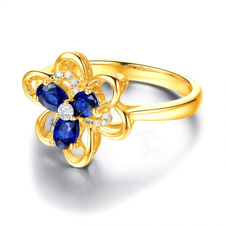 Anello da Donna Anemone - Oro Giallo, Diamanti & Zaffiri Ovali - 8