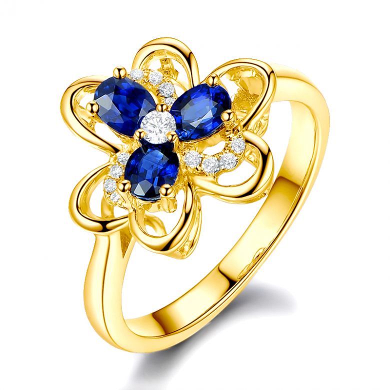 Anello da Donna Anemone - Oro Giallo, Diamanti & Zaffiri Ovali - 7