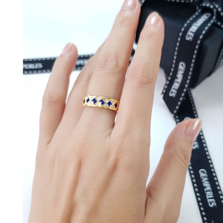 Anello Dama Di Quadri - Oro Giallo, Mezzo Giro di Zaffiri & Diamanti - 6