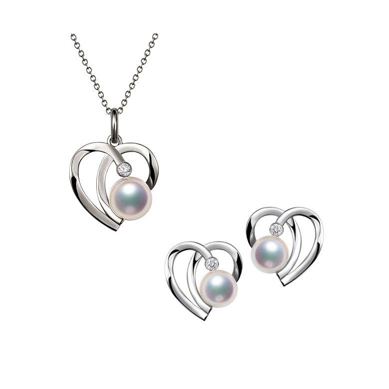 Ciondolo e Orecchini Chiaky - Parure Oro Bianco & Perle Akoya - 1