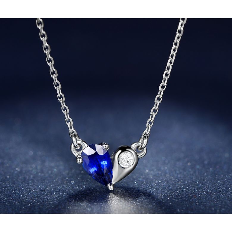 Collana Ciondolo cuore di Zaffiro e Diamante su Oro bianco - 3