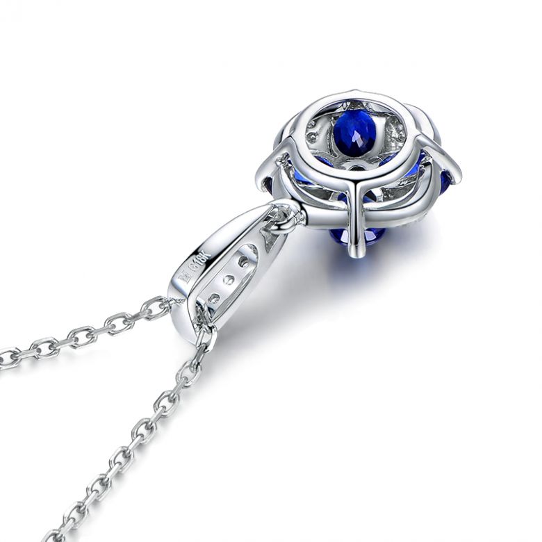 Ciondolo Solitario Fiore Blu. Oro bianco, Zaffiri e Diamanti - 13