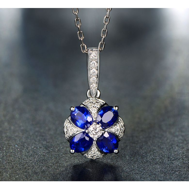 Ciondolo Solitario Fiore Blu. Oro bianco, Zaffiri e Diamanti - 10