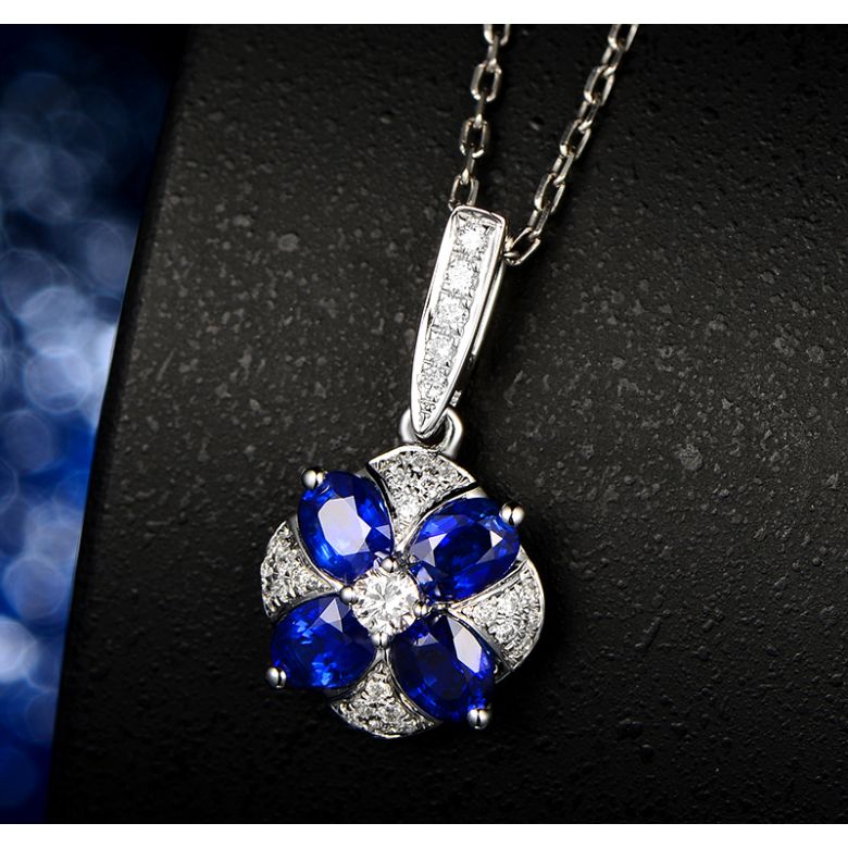 Ciondolo Solitario Fiore Blu. Oro bianco, Zaffiri e Diamanti - 9