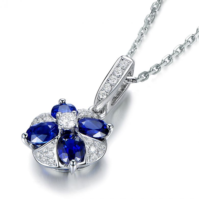 Ciondolo Solitario Fiore Blu. Oro bianco, Zaffiri e Diamanti - 11