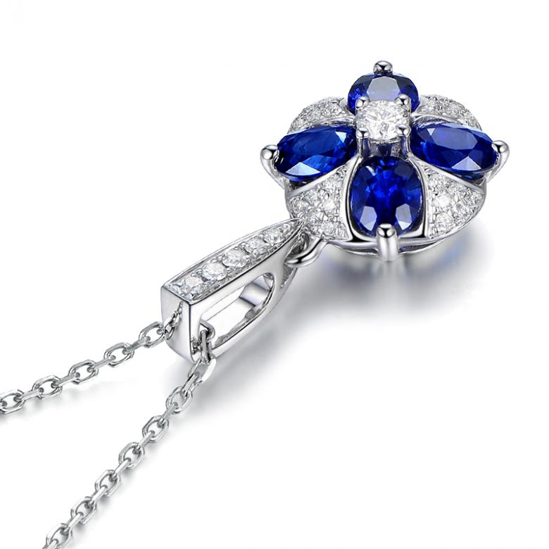 Ciondolo Solitario Fiore Blu. Oro bianco, Zaffiri e Diamanti - 12