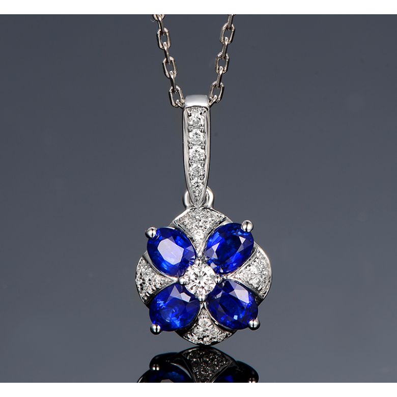 Ciondolo Solitario Fiore Blu. Oro bianco, Zaffiri e Diamanti - 8