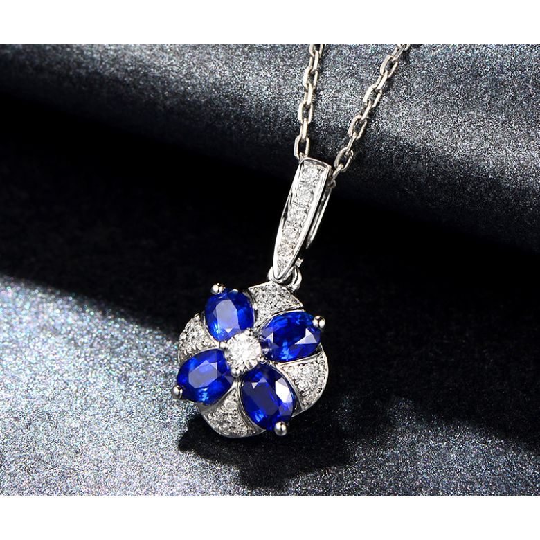 Ciondolo Solitario Fiore Blu. Oro bianco, Zaffiri e Diamanti - 5