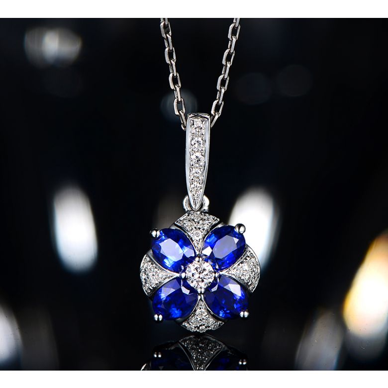 Ciondolo Solitario Fiore Blu. Oro bianco, Zaffiri e Diamanti - 7