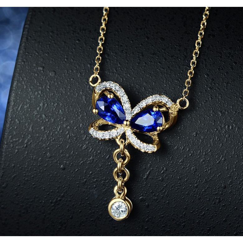 Ciondolo Farfalla blu - Oro bianco, Diamanti e Zaffiro - 2