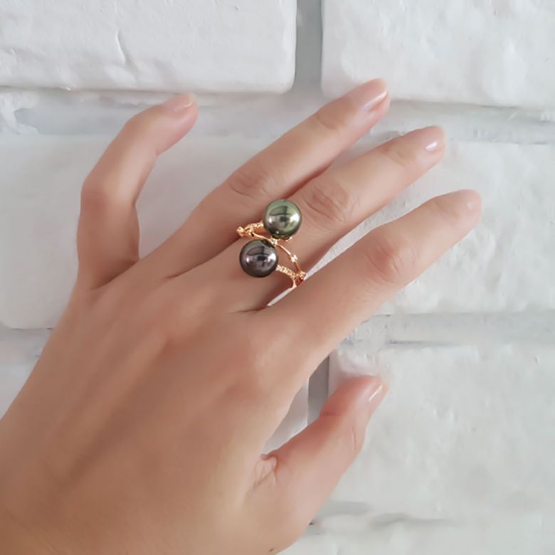 Anello Harbour - Oro Giallo, Diamanti e Perla di Tahiti - 4